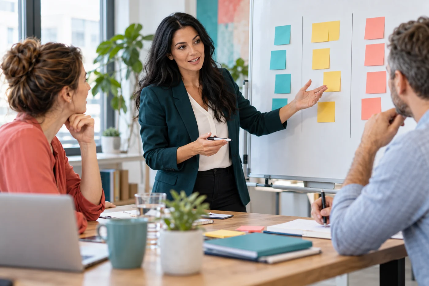 Illustrative photo: people plan goals together at a whiteboard