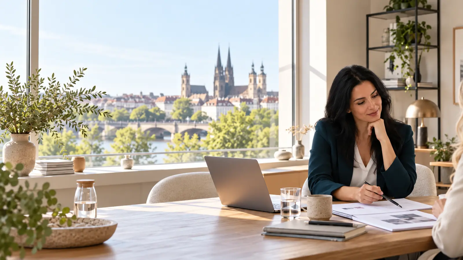 Illustrative photo: a black-haired consultant reviews documents with a client during coaching